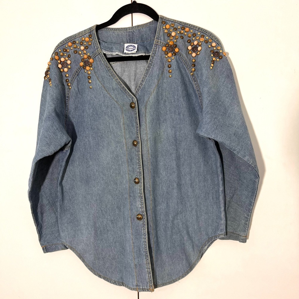 Vintage Western Denim Shirt Size M Bingo Blue Studded Beaded Cowgirl Boho